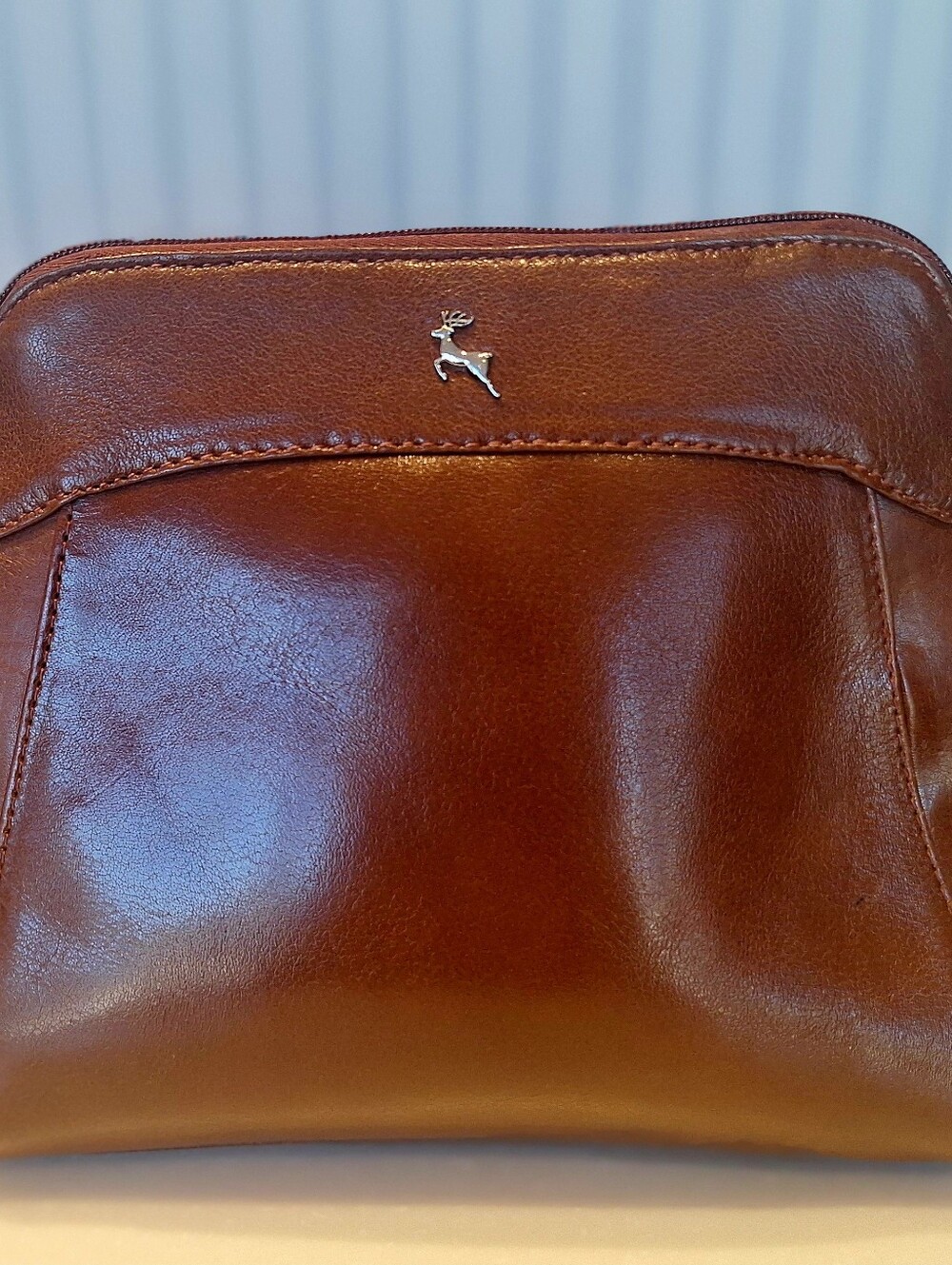 NWOT Ashwood Vintage Brown Genuine Leather Crossbody Bag Stag Logo Top Zip